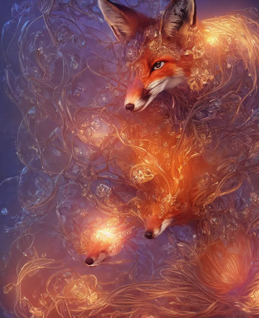 Image similar to close-up portrait of a beautiful fox in a twisted flowers orchid jellyfish mask surrounded by energy flow, epic angle and pose, symmetrical artwork, 3d with depth of field, blurred background, floating jellyfish skull phoenix bird, translucent, nautilus, energy flows of water and fire. a highly detailed epic cinematic concept art CG render. made in Maya, Blender and Photoshop, octane render, excellent composition, cinematic dystopian brutalist atmosphere, dynamic dramatic cinematic lighting, aesthetic, very inspirational, arthouse. y Greg Rutkowski, Ilya Kuvshinov, WLOP, Stanley Artgerm Lau, Ruan Jia and Fenghua Zhong