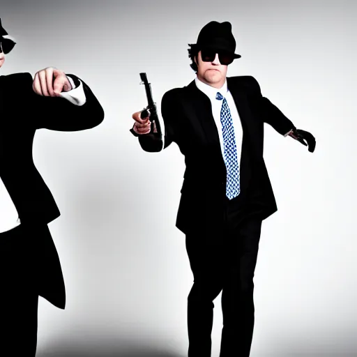 Prompt: blues brothers walking towards camera with white background. wearing suits. strong shadows. high contrast. serious look. carrying a pistol