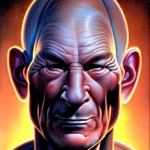 Image similar to portrait painting of a cyberpunk muscular patrick stewart with tusks, ultra realistic, concept art, intricate details, eerie, highly detailed, photorealistic, octane render, 8 k, unreal engine. art by artgerm and greg staples and elsa beskow and brian froud and jessica rossier