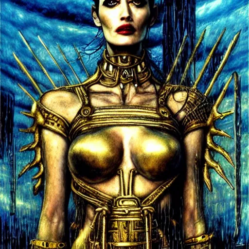 Image similar to eva green as warrior queen, atmospheric lighting, painted, intricate, golden and blue hour, ultra detailed by peter gric, giger, enki bilal