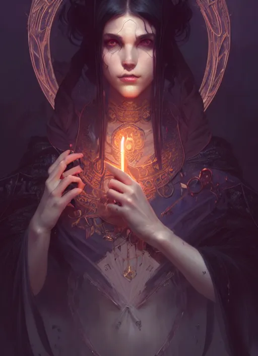 Image similar to Necromancer Sorceress, fantasy magic, undercut hairstyle, dark light night, intricate, elegant, sharp focus, illustration, highly detailed, digital painting, concept art, matte, art by WLOP and Artgerm and Greg Rutkowski and Alphonse Mucha, masterpiece