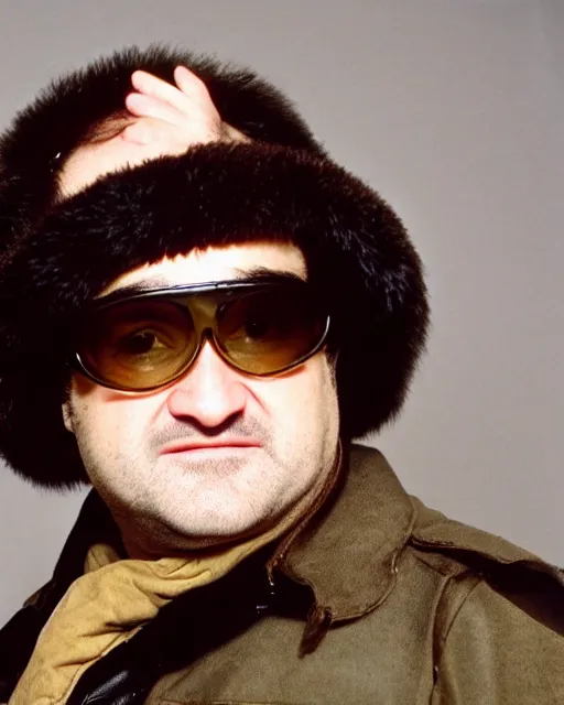 Prompt: headshot of john belushi wearing a leather ushanka and aviator goggles, he is also wearing an a 2 flight jacket, a long white scarf is wrapped around his neck, he has a 5 o'clock shadow, a crazed angry look on his face