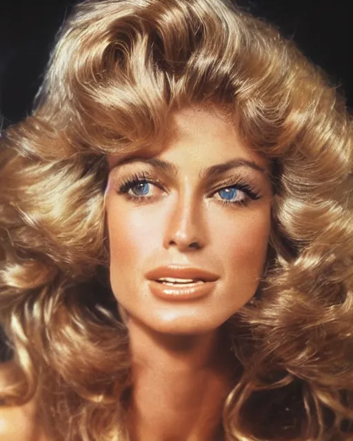 Image similar to 2 8 mm closeup portrait of a beautiful young farrah fawcett with long blonde wind blown hair in a photo studio, 1 9 7 8, rim lighting, glamour pose!!!, hyper realistic, soft lighting,,, hd, octane, arney freytag!!!