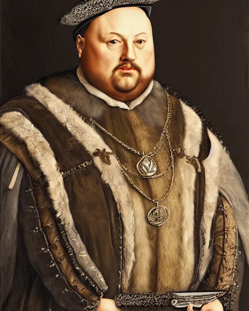 Image similar to fat gray cat with yellow eyes dressed like henry viii, tudor period menswear, hans holbein the younger, greg rutkowski, royal portrait, painting