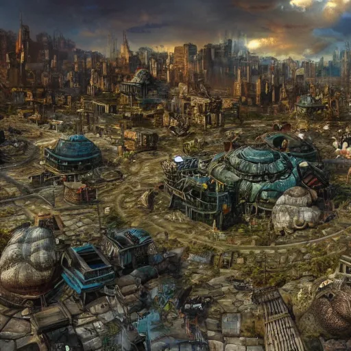 Image similar to fantasy city on a giant tortoise's back while the tortoise walks through a wasteland. The city has streets and markets, Realistic. Hyper detailed.