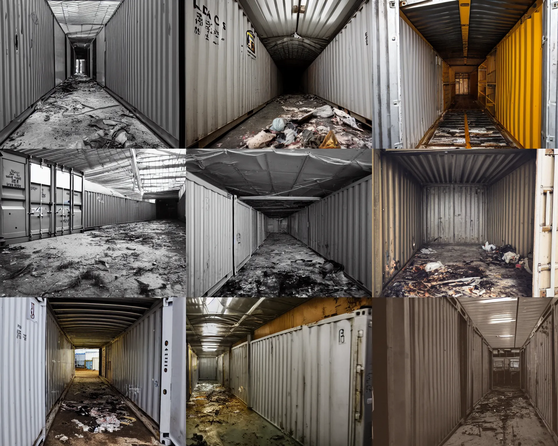 Prompt: photo of interior view of a cargo container, filthy, documentary photograph