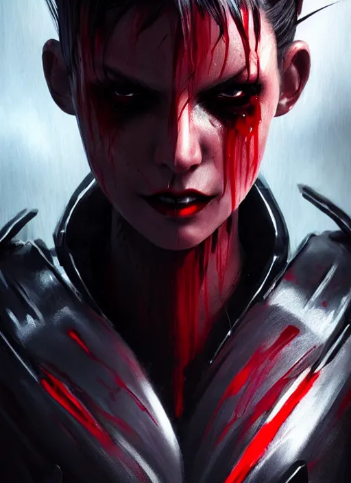 Prompt: close up painting, vampire, sci - fi armor, black and red ponytail hair, beautiful, angry face, gorgeous, face visible, scars, eyeliner, cinematic lighting, eva suit, wallpaper, extremely detailed, sharp focus, by greg rutkowski and [ [ [ wlop ] ] ], intricate, beautiful, award winning, trending on artstation, pixiv