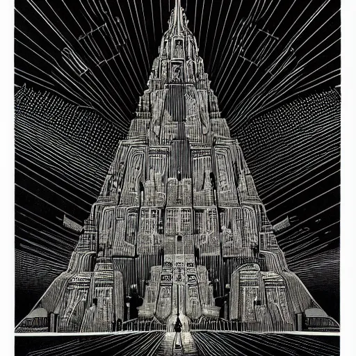 Prompt: black paper + Tower of Babel, A mighty city and a tower with its top in the heaven illustration designed by Katsuya Terada and Sean Andrew Murray + psychedelic black light style + symmetry + greco-roman art, intricate ink illustration, intricate complexity, epic composition, magical atmosphere + occult propaganda + dread, fear + wide long shot, wide angle + masterpiece,