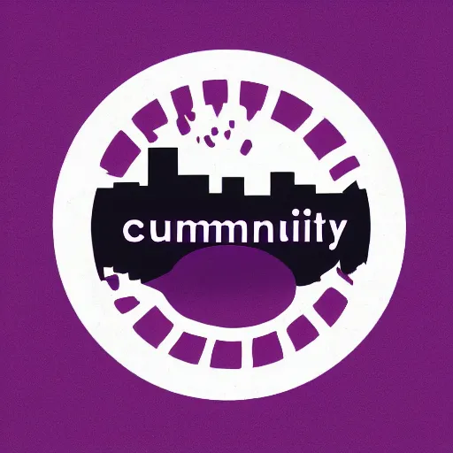 Image similar to minimalist logo for a community organization. curving black, red, and purple brushstrokes on a circular white background.