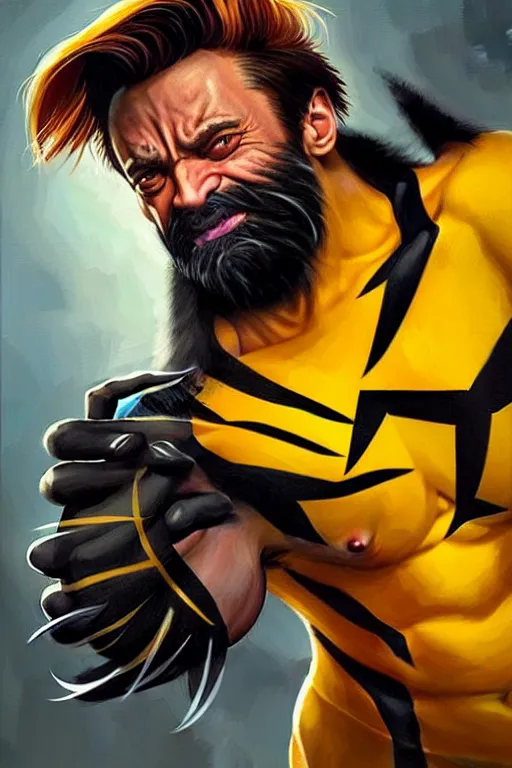 Prompt: Narendra Modi as Hugh Jackman Wolverine, claws are up, yellow X-man costume, Narendra Modi hairstyle and beardstyle, calm, grumpy, portrait, masculine figure, highly detailed, digital painting, artstation, concept art, smooth, sharp focus, illustration, cinematic lighting, art by artgerm and greg rutkowski and alphonse mucha