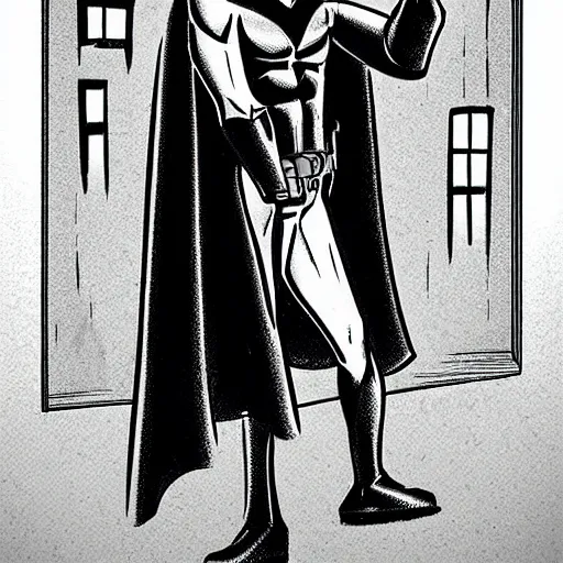 Image similar to Nite-Owl from Watchmen standing in an alleyway with his arms crossed and his cape blowing in the wind, in the style of Bruce Timm, Bruce Timm art, Bruce Timm artwork