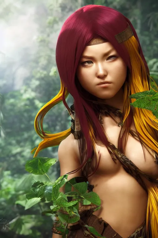 Prompt: render of a realistic anime warrior woman with long yellow hair in a jungle, detailed render, beautiful face, octane engine, 4k, trending on artstation