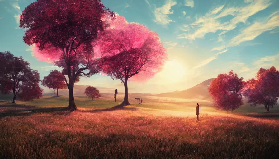 Prompt: sun eclipsed by hexagon, people standing on grassy rolling hills, one tree, dramatic pink clouds, blue sky, jessica rossier, art station