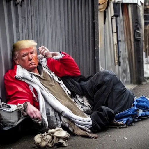 Image similar to donald trump dressed as a homeless man living in the slums