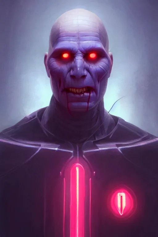 Image similar to cyborg Lord Voldemort without nose in cyberpunk, neon lighting, digital art from artstation by Ruan Jia and Mandy Jurgens and Artgerm and william-adolphe bouguereau and Greg Rutkowski and Wayne Barlowe