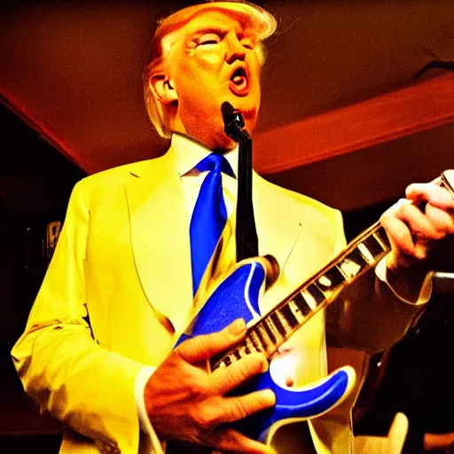 Prompt: Donald Trump as a blues musician playing electric guitar at a jam in a dive bar, passionate facial expression, feeling the music