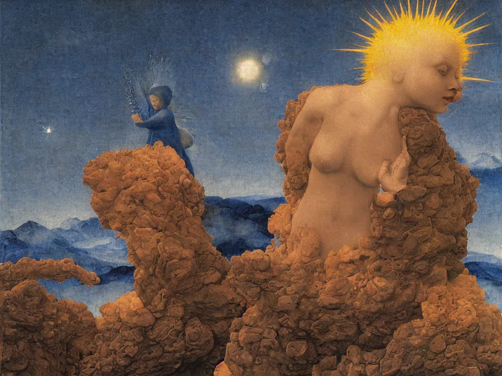 Image similar to Portrait of terrifying Blue star clad albino angel with nuclear explosion, dark, toxic smoke. Icy surreal mountains at night. Coral-like pebbles, autumn light. Painting by Jan van Eyck, Fra Filippo Lippi, Rene Magritte, Agnes Pelton, Max Ernst, Beksinski