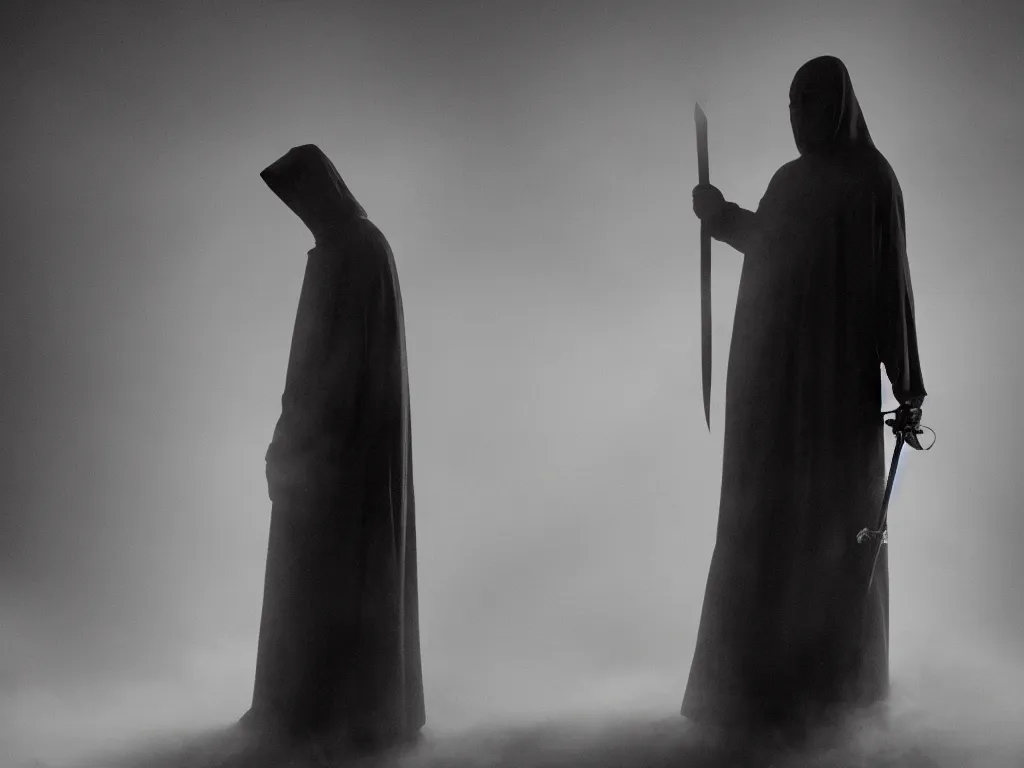 Image similar to a cloaked man holding a sword, shadows, smoke, mist