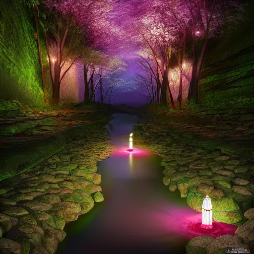 Image similar to photorealistic beautiful cherry blossom forest with paper lanterns illuminating the stone pathway. hyperdetailed photorealism, 1 0 8 megapixels, river, amazing depth, glowing rich colors, powerful imagery, psychedelic overtones, 3 d finalrender, 3 d shading, cinematic lighting, artstation concept art