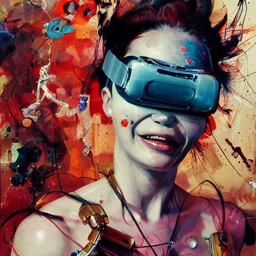 Image similar to grinning woman in a vr headset wearing leather outfit, dynamic energic pose, cyberpunk in the style of adrian ghenie, esao andrews, jenny saville, surrealism, dark art by james jean, takato yamamoto