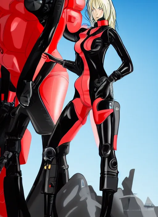 Image similar to Portrait of a female mech pilot in a black latex bodysuit, anime, cel-shaded, highly detailed, monotone, red highlights