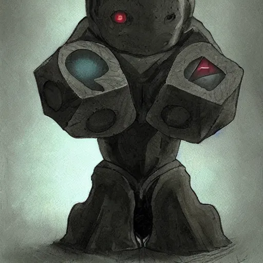 Image similar to Golem with a 12 sided dice as head. Dark Fantasy, concept art, art by Kouichirou Harada