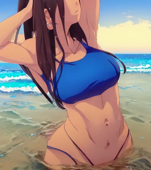 Image similar to an anime girl wading in the beach, waist deep in the water, ripples, facing the camera, full shot, wearing blue swimsuit. By Makoto Shinkai, Stanley Artgerm Lau, WLOP, Rossdraws, James Jean, Andrei Riabovitchev, Marc Simonetti, krenz cushart, Sakimichan, trending on ArtStation, digital art.