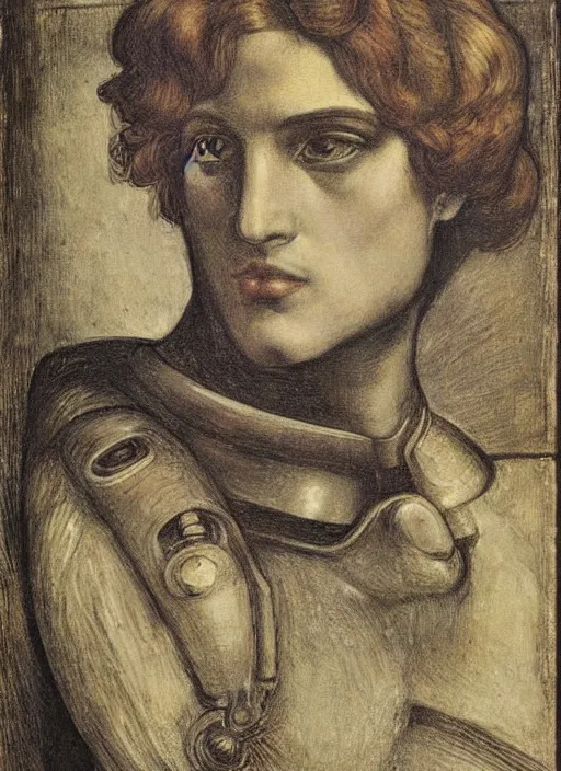 Image similar to a portrait of a robot cyborg by Dante Gabriel Rossetti, pre-raphaelite style