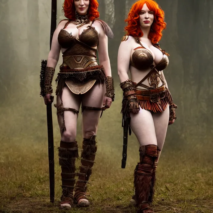 Prompt: full length photograph of a real-life christina hendricks as a amazon warrior, Extremely detailed. 8k