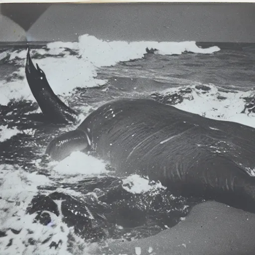 Image similar to 1950s polaroid photo of a large sea monster crashed on the beach