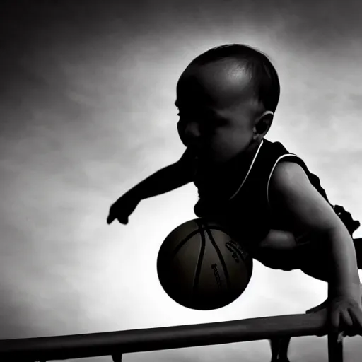 Image similar to a baby dunking a basketball, dramatic action photography, close up, epic shot