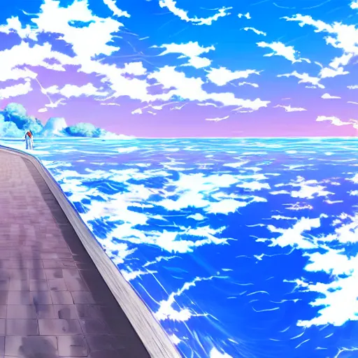 Prompt: Clear blue sky being reflected in the sea in the style of the anime Tokyo Ghoul