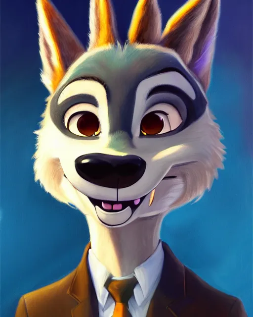 Prompt: oil painting of anthromorphic female wolf, in style of zootopia, female fursona, furry, furaffinity, 4 k, deviantart, furry art, fursona art, wearing black business suit, business suit, wolf fursona, female, smug expression,