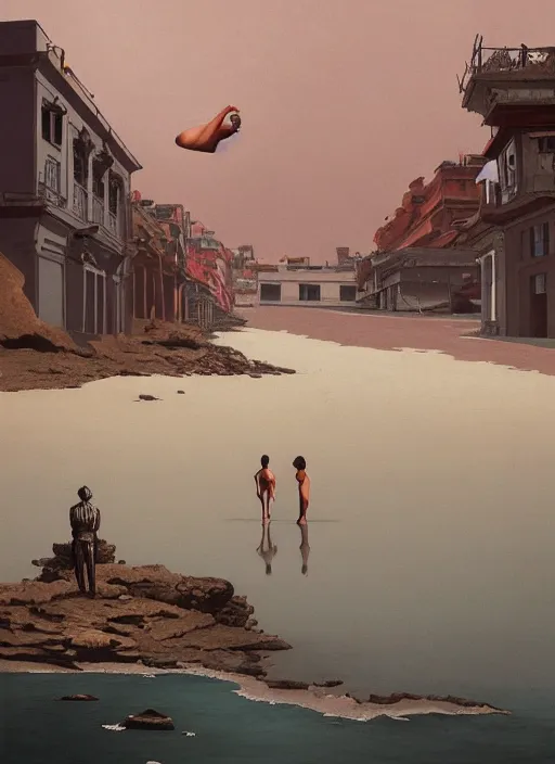 Prompt: the end of time, salvador, brazil, coastal, by edward hopper and james gilleard, zdzislaw beksinski, strange vegetation, exteriors, highly detailed, delicate poses, cinematic, black people, by james gilleard, airbrush, ilya kuvshinov, wlop, very coherent, art by takato yamamoto and james jean