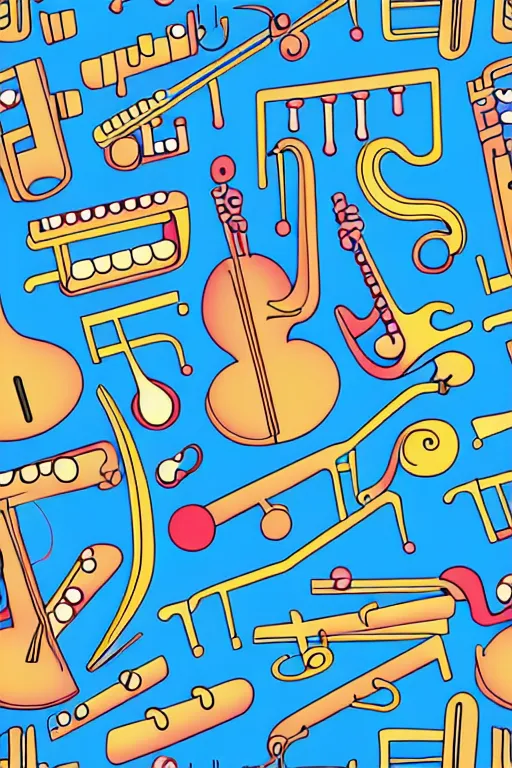 Image similar to seamless 2 d pattern of abstract musical instruments, highly detailed, designed by tarsila do amaral and henri rousseau, graphic design, 8 k, 4 k