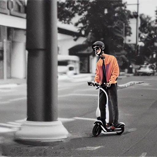 Image similar to retro 90s polaroid style realistic photo of a young skinny man who fell down after running his electric scooter into a telephone pole, image artifacts, flash photography