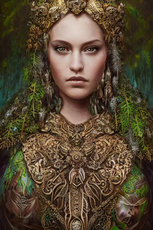 Prompt: oil painting of fantasy female warrior, symmetrical beautiful clean face, intricate jewellery, filigree armour, tribal tattoos, big earrings, shining eyes, crystals, covered in plants, standing in the mystical forest, realistic oil painting, baroque, renaissance painting, dramatic, cinematic light, trending on artstation, rule of thirds, highly detailed, 8 k