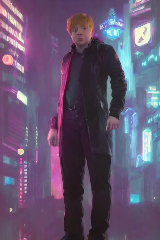 Image similar to portrait of Rupert Grint as Ron Wisly in cyberpunk, neon lighting, night city, digital art from artstation by Ruan Jia and Mandy Jurgens and Artgerm and william-adolphe bouguereau and Greg Rutkowski