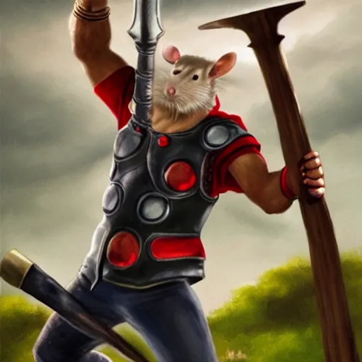 Image similar to the rat thor ~ holding his hammer ~ dramatic thunder background ~ fighting scene ~