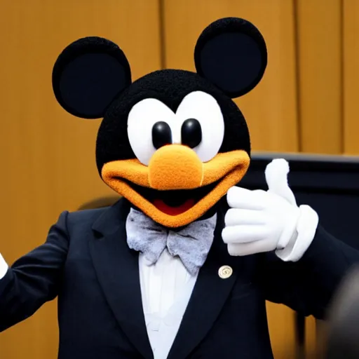 Prompt: Muppet Micky Mouse on trial for congressional hearing