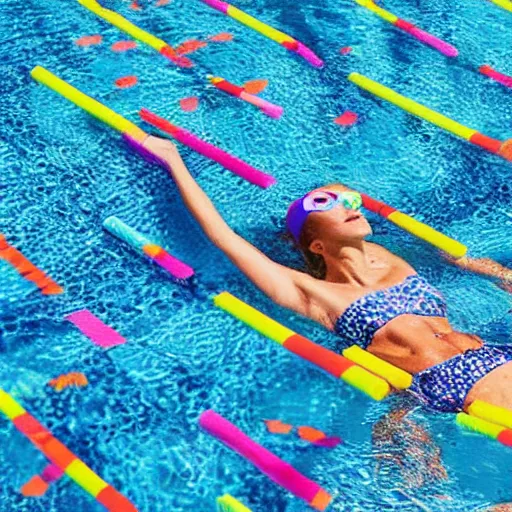 Prompt: a woman swimming surrounded by 1 0 pool noodles pointing away from her