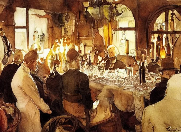 Prompt: gentlemens dinner, cellar, masterpiece, torches on wall, meat, wine, schnapps, watercolor by anders zorn and carl larsson, art nouveau