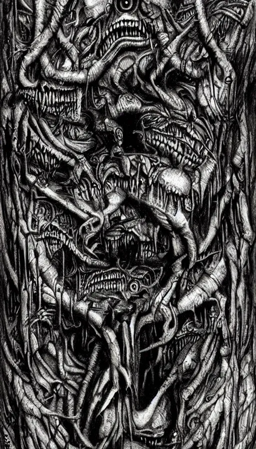Image similar to a storm vortex made of many demonic eyes and teeth over a forest, by hr giger