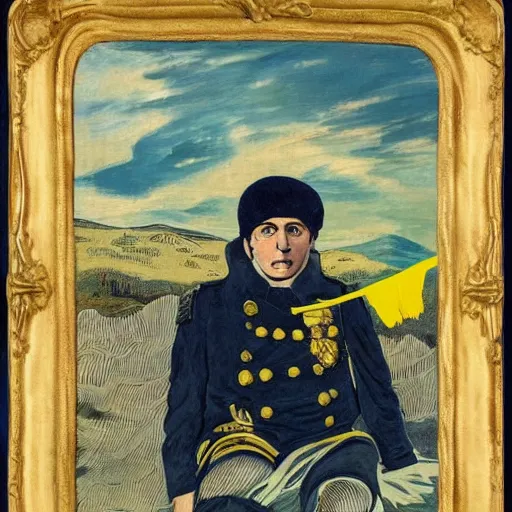 Image similar to a magnificent picture of Volodymyr Zelensky at war, dressed like Napoleon Bonaparte, his clothes are torn and dirty, he is sitting between dead corpses and weeping, holding a half burnt blue and yellow flag of Ukraine, in the style of Roy Lichtenstein