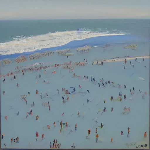 Image similar to a birdseye painting by Sally West of sparse people on a beach from high above, featured on tumblr, action painting, oil on canvas, painterly