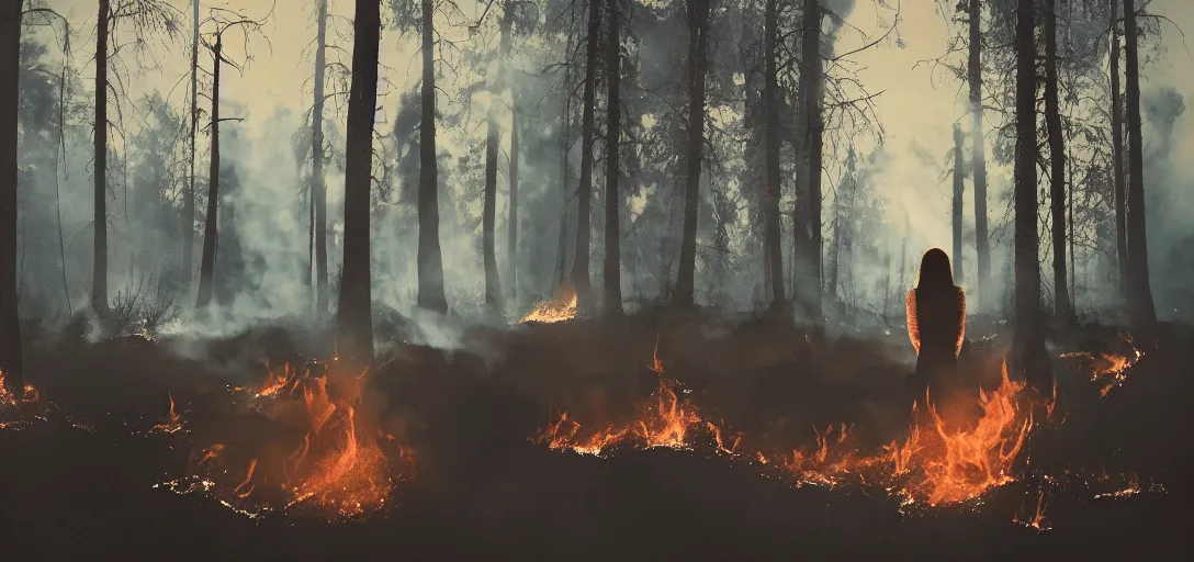 Prompt: full portrait of a young woman watching a forest fire, smoke, flames, dark, gloomy, horror, screaming, insanely detailed, photorealistic, cinematic, dramatic lighting,