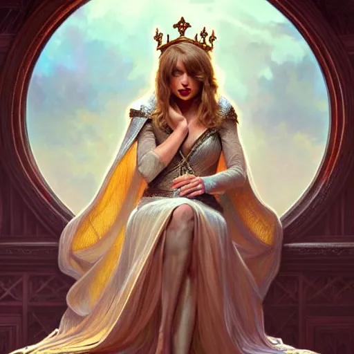 Image similar to Taylor Swift sitting on a majestic throne wearing a crown, D&D style, fantasy, intricate, elegant, highly detailed, digital painting, artstation, concept art, matte, sharp focus, illustration, art by Artgerm and Greg Rutkowski and Alphonse Mucha