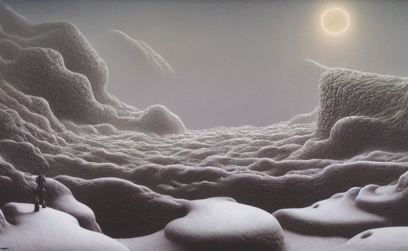 Image similar to phendrana drifts by zdzisław beksinski, icy landscape, snow, metroid