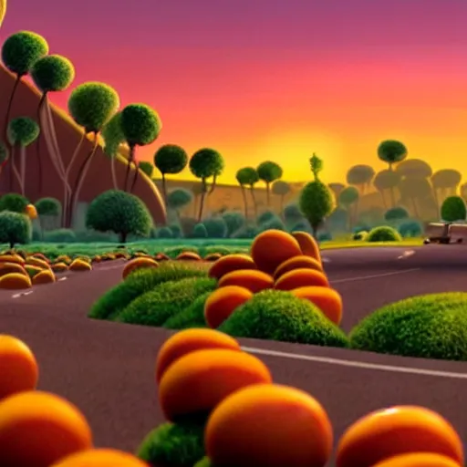 Image similar to A landscape from Cloudy with a Chance of Meatballs (2009), sunset time, award winning