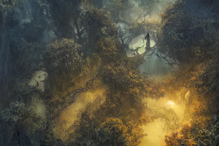 Image similar to aerial view, fantasy painting, dungeons and dragons, a faerie village hovels, swamp reeds wetland marsh sunset estuary, with ominous shadows, an egret by jessica rossier and brian froud cinematic painting